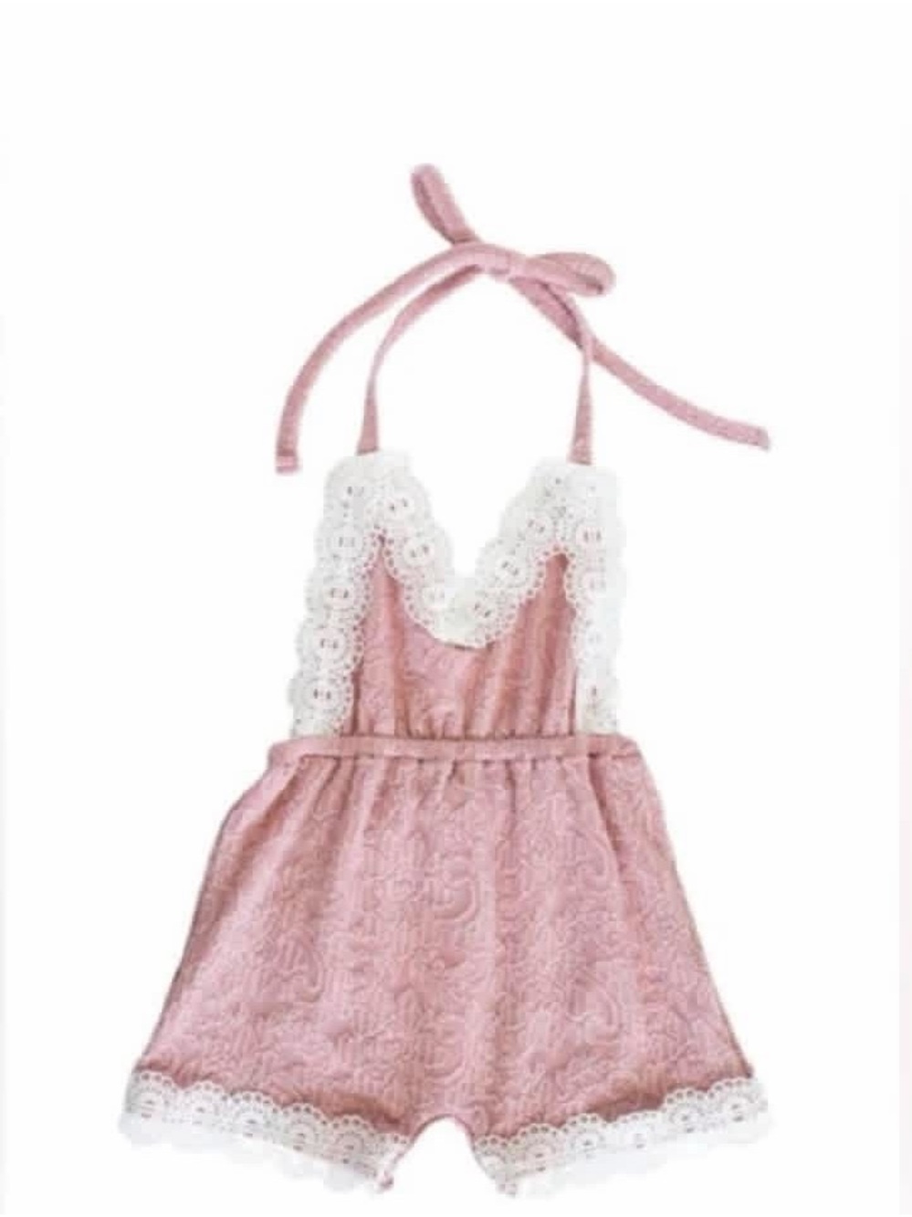 Pink Lace-Trim Halter Romper for Kids